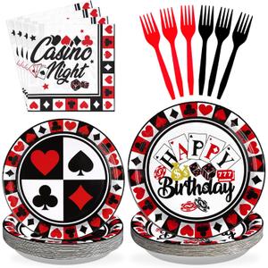 Grencian 96Pcs Casino Party Decorations Poker Plates and Napkins Disposable Red Black Casino Birthday Paper Tableware Set for Las Vegas Night Poker Club Birthday Party Supplies, Serves 24