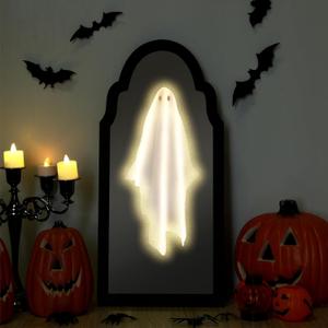 Chunful 2025 Halloween Ghost Mirror - 15" x 7.1" Hologram Ghost Mirror LED Haunted Spooky Decoration with Creepy Eyes for Halloween Wall Mantel, Indoor, Haunted House Decor(Classic Style)