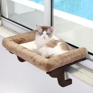 Zakkart Cat Perch for Window Sill with Bolster  Orthopedic Hammock Design with Premium Hardwood & Robust Metal Frame  Cat Window Seat for Large Cats and Kittens  Dark Stained Wood Brown Bed, 24''W