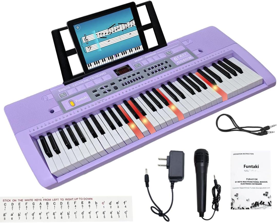 61 Key Electronic Keyboard Piano with Lighted Up Keys, Musical Mini Keyboard Piano with keyboard stand, Digital Portable Synthesizer Keyboards for Beginners Kids Adults (Purple)