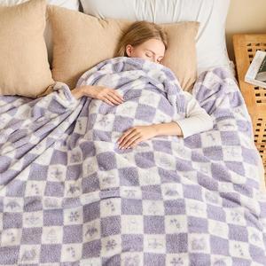EMME Checkered Blanket Twin Size - 60"x80" Lavender Knit Blanket Soft Fluffy Patterned Blankets for Couch, Sofa, Chair, Bed, Camping, Picnic, Travel