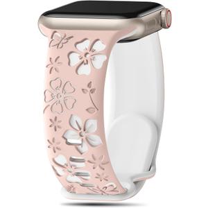 Floral Engraved Band Compatible with Apple Watch Band Women 40mm 38mm 41mm 42mm 44mm 45mm 46mm 49mm, Soft Silicone Two-Tone Flower Sport Strap for iWatch Series 10 9 8 7 6 5 4 3 2 1 SE Ultra (Sandpink/White)