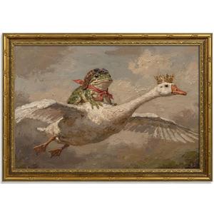 Gold Framed Frog Riding Goose Wall Art, Whimsical Canvas Print, 24x16