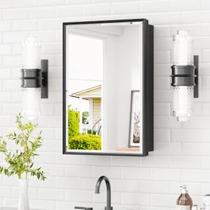 TETOTE Medicine Cabinet Mirror 16" x 24" Black Aluminum Frame Medicine Cabinet with Beveled Mirror, Stepless Adjustable Shelves, Bathroom Mirror with Storage, Wall-Mounted or Recessed