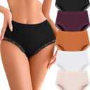 Seamless High Waisted Lace Underwear for Women 5-Pack Stretchy Full Coverage Briefs Plus Size Tagless Panties (Large, Black/Purple/Caramel/White/Nude)