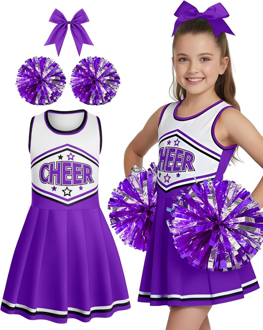 JenPen Cheerleader Costume for Girls Cheerleading Outfit Dress Cheer Uniform with Bow Halloween Dress up Gifts (3-5 Years, Purple)