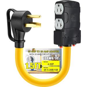 1.5 FT 50 to 20 Amp Welder EV Distribution Adapter Compatible with NEMA 6-50P to 4X 5-20R/ 5-15R, 3 Prong Welder EV Male Plug 4X Household Outlet with 20A Circuit Breaker, ETL Listed