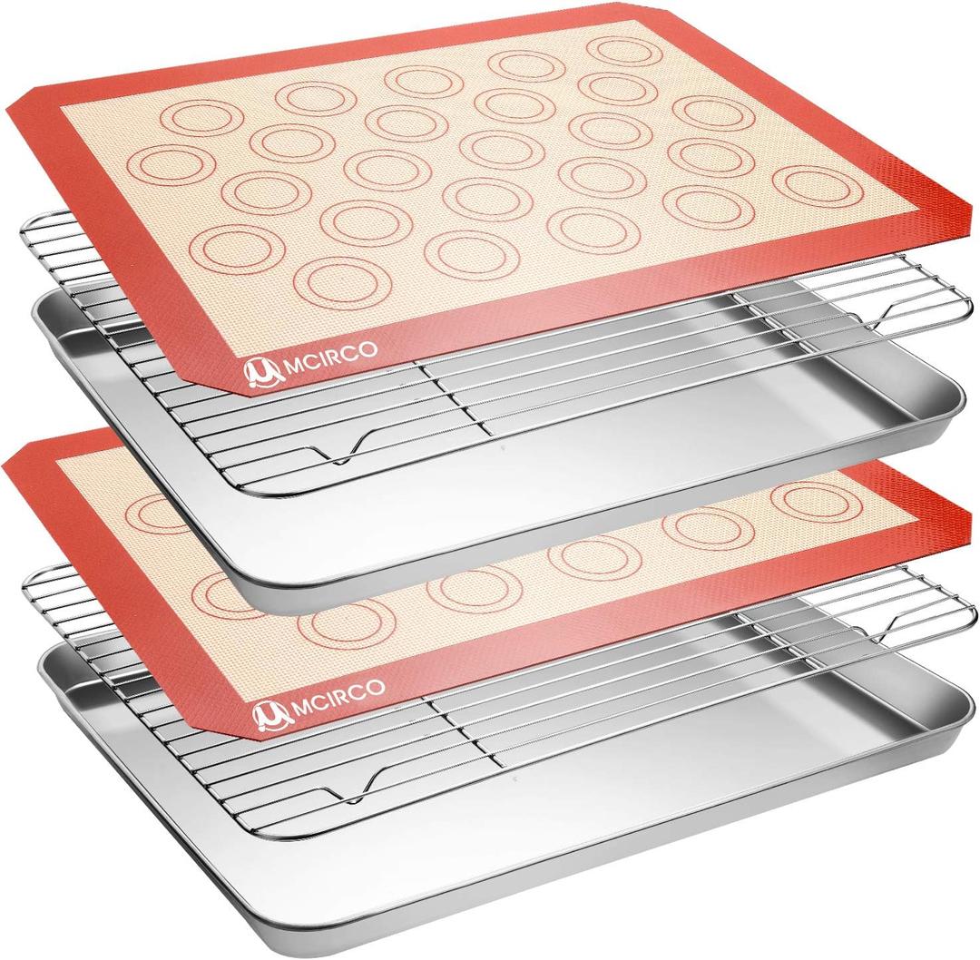 Stainless Steel Baking Sheet Tray Cooling Rack with Silicone Baking Mat Set, Cookie Pan with Cooling Rack, Set of 6 (2 Sheets + 2 Racks + 2 Mats), Size 16 x 12 x 1 Inch, Easy Clean