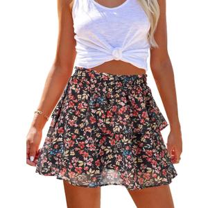 Womens Flowy Shorts Floral Boho Casual Ruffle Skorts High Waist Summer Tennis Running Mini Skirts Chiffon Shorts (Large)