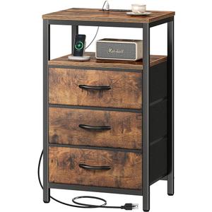 Huuger Nightstand with Charging Station, 27.6 Inch Bedside Table with Fabric Drawers, End Table with USB Ports and Outlets, Night Stand for Bedroom, Rustic Brown