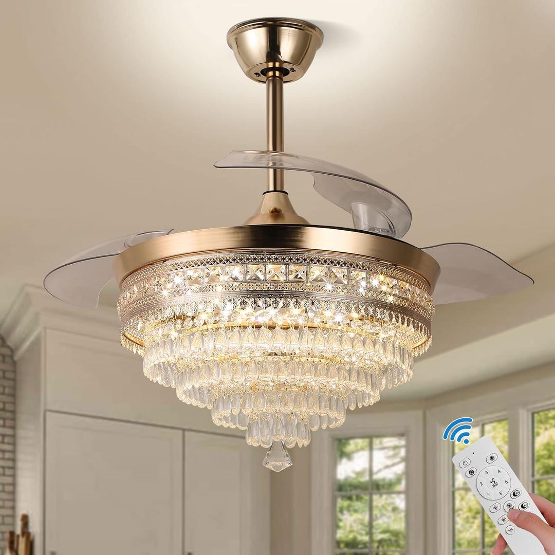 42" Gold Dimmable LED Fandelier with Light Modern LED Crystal Ceiling Fan with Light Invisible Fandeliers 3 in 1 Color with Memory Function