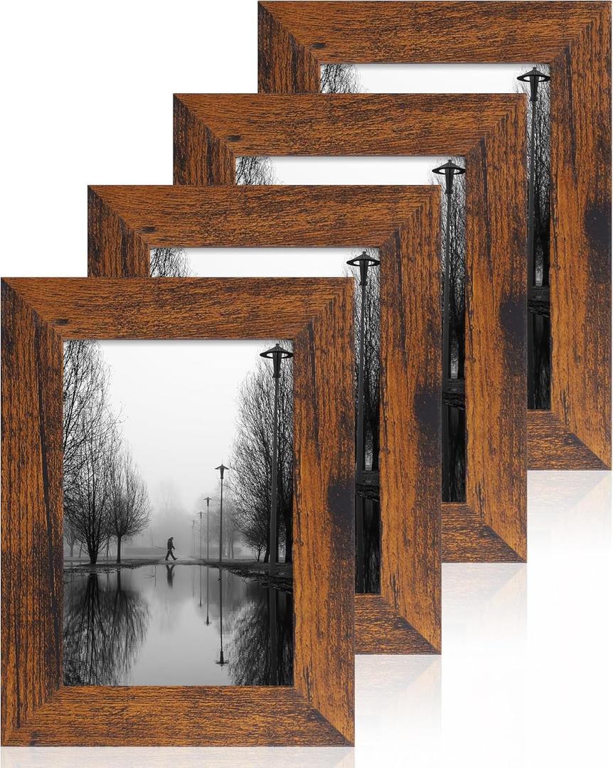 iRahmen 4x6 Picture Frame Set of 4, High Definition Glass 4 x 6 Frame, Wood Rustic Photo Frames for Horizontal or Vertical Display Tabletop and Wall Mounting (Dark Brown)