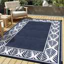 HUGEAR Outdoor Plastic Straw Rug, Waterproof Mat, Washable Large Floor Mat and Rug for Outdoors, RV, Beach, Patio, Camping, Backyard, Deck, Picnic, Outside (6x9ft, Olive-Leaf/Dark Blue&White)