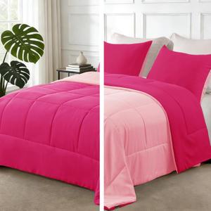 Exclusivo Mezcla Lightweight Reversible Twin Size Comforter Set, Down Alternative Comforter with 1 Pillow Sham, Twin Size Bedding Set for All Seasons, Hot Pink/Bright Pink (Twin(68''X88''))