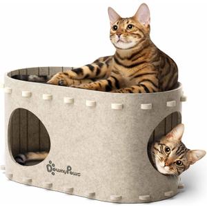 DownyPaws Cat House for Indoor Cats, Cat Bed Cave for Multiple & Large Cats Up to 22 Lbs, Scratch Resistant Peekaboo Cat Caves, Foldable Cat Tunnel Enclosed Bed, PeekaPurr, Cream