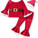 HIHA Toddler Little Girls Long Flare Sleeve Tops Bell Bottom Pants Outfit with Headband (3-4T, Christmas-Santa)