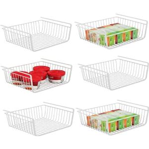 6 PACK Hanging Under Shelf Storage Basket Kitchen Cabinet Organizer Storage, Slides Under Wire Shelves for Counter Pantry Desk Bookshelf, White