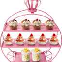 Pink Crown Pumpkin Cart 3 Tier Dessert Stand, Wrought Iron Cake Display Tray for Wedding Birthday Afternoon Tea Party, Decorative Tiered Serving Platter for Pastries Fruit Candy