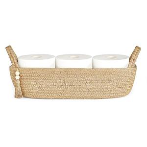 Mkono Small Storage Basket for Toilet Tank Top Boho Bathroom Decor Woven Rope Toilet Paper Tray Organizer for Shelf Bedroom Living Room, Jute, 1 Pack, 15.7" L x 6" W