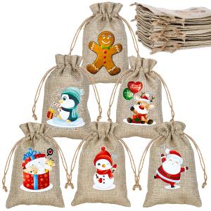 ARTLYMERS 24 Pack Christmas Jute Burlap Bags, Christmas Drawstring Gift Bags for Xmas Presents Holiday Party Favor Treats Candy, 6 Designs
