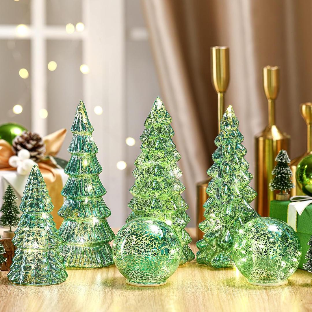 Syhood 6 Pcs Sage Green Mercury Glass Christmas Tree for Tabletop Light up Figurine Christmas Tree Mercury Cracked Glass Globe with Light for Xmas Decor Home Party Centerpiece Mantel Gift