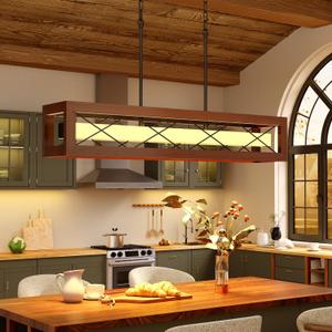 39.4" Wood Kitchen Island Light, Farmhouse Dining Room Light Fixture 34W, 39.4in