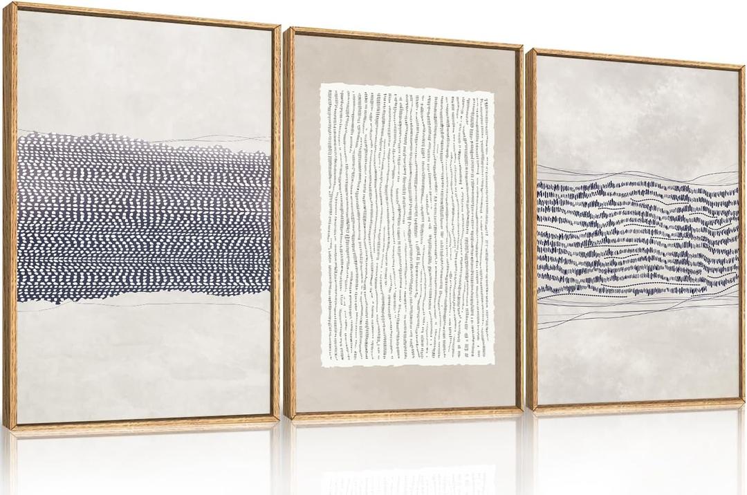 HOURIA Blue White Abstract Neutral Framed Canvas Wall Art Set,Minimalist Boho Waves Lines Wall Decor,Modern Geometric Shapes Print,Mid Century Grunge Artwork for Living Room,Bedroom,Office- 16"x24"x3