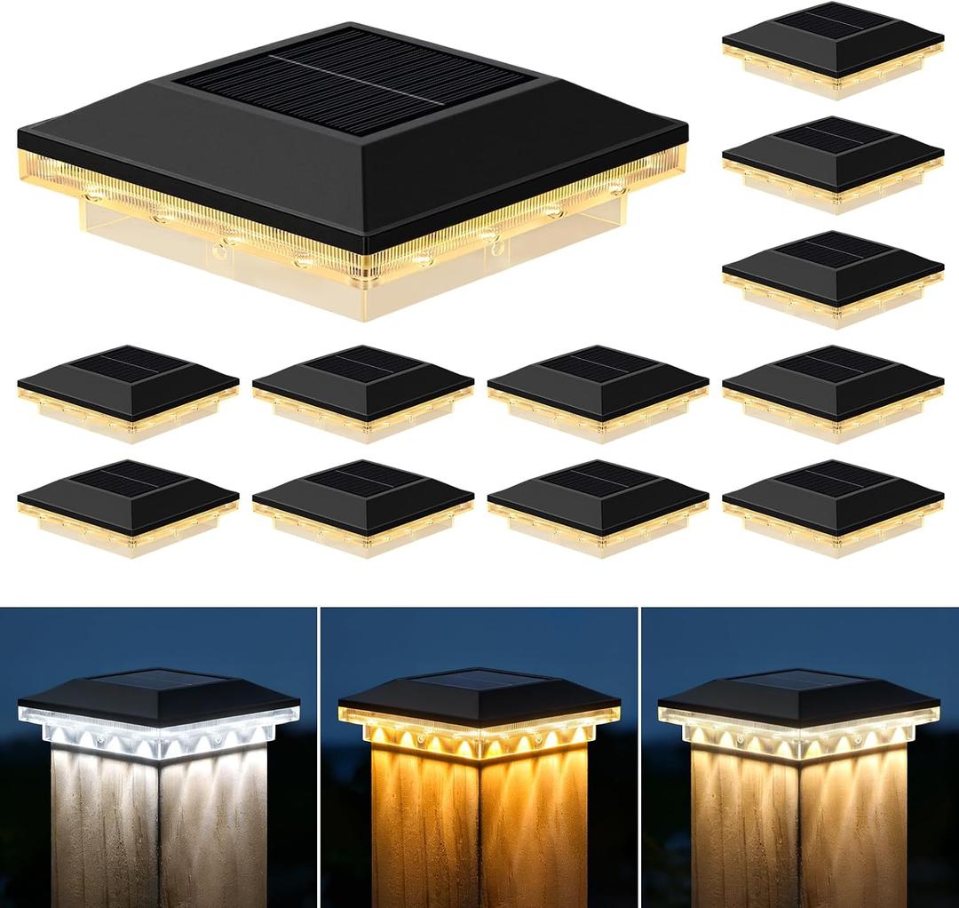 Brightever 4x4 Solar Post Cap Lights Outdoor with 3 Lighting Modes, 12-Pack Solar Powered Fence Post Lights Waterproof Fits Wooden/Vinyl Posts, Solar Deck Post Lights for Garden Patio Porch, Black