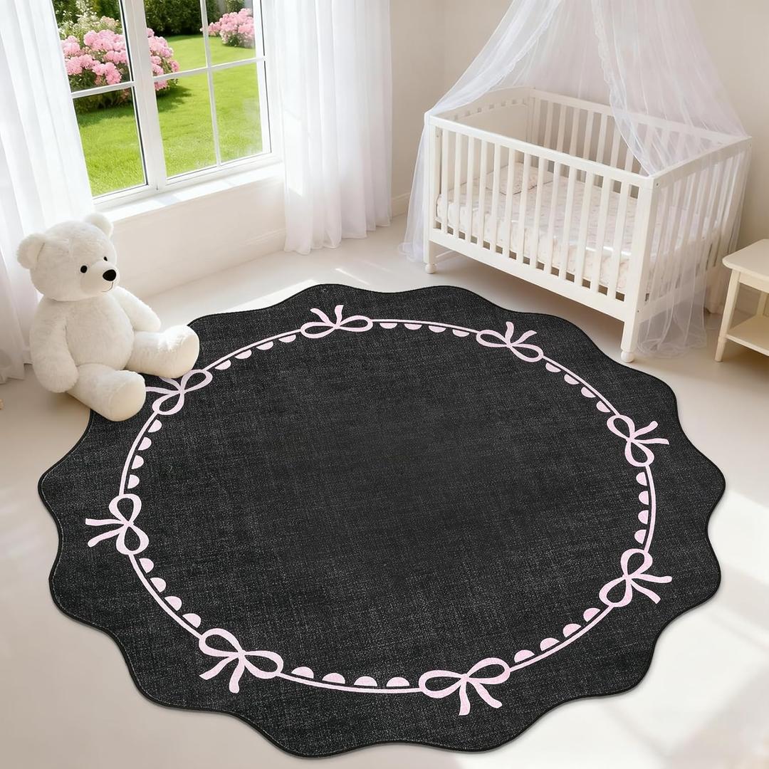 GarveeHome Scalloped Bow Rug for Living Room, 5ft Round Rugs Washable Solid Rug for Dorm Soft Low Pile Non Slip Scalloped Rugs for Nursery Bedroom Decor Hallway Kids Room Playroom, Black Pink