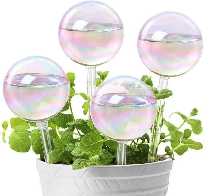 KiKiHeim Plant Self Watering Globes Planter Insert Spikes Top Fill Automatic Waterer Devices, 4Pcs Light Iridescent Clear Glass Water Bulbs for Indoor&Outdoor (Ball)