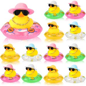 Sotiff 12 Sets Mini Rubber Ducks Bulk for Kids Children Cute Yellow Duck Toy Dashboard of Car Ornaments with Sunglasses Swim Ring Mini Hat Necklace Gift for Summer Birthday Party Favor (Novelty)