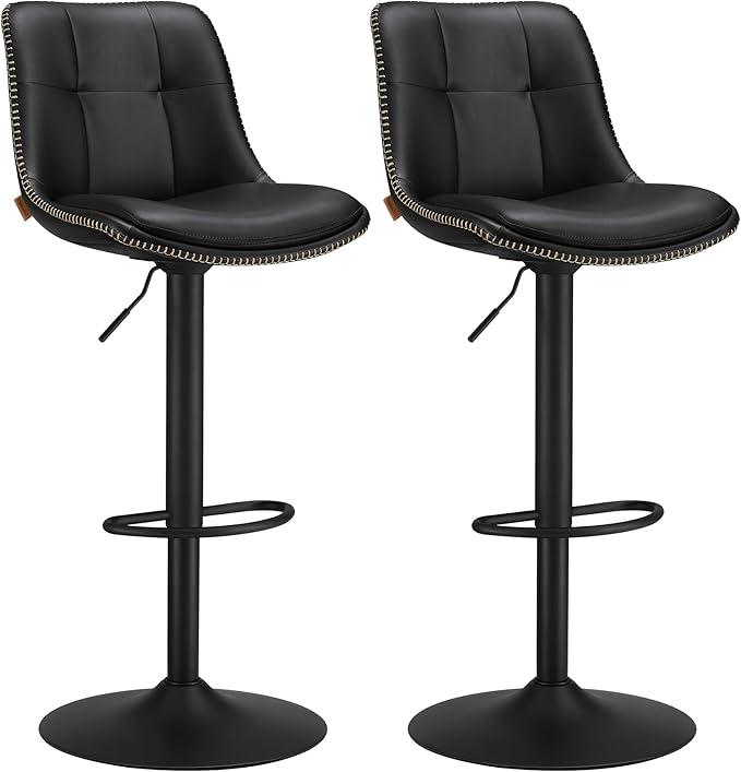 VASAGLE Bar Stools, Set of 2 Swivel Bar Chairs, Adjustable Height, Quilt, Synthetic Leather Kitchen Stools with Back and Footrest, Dining Room, Counter, Steel, Ink Black ULJB095B01