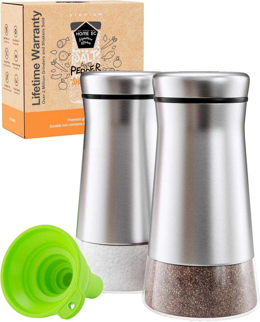 HOME EC Original Salt and Pepper Shakers Set with Adjustable Pour Holes - Glass and Stainless Steel Salt Shaker and Pepper Shaker - Farmhouse Spice Dispenser (2pk, Silver)