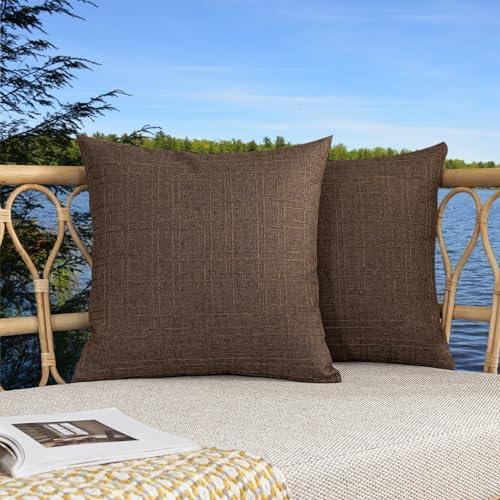 Kevin Textile Pack of 2 Decorative Outdoor Waterproof Pillow Covers Garden Checkered Cushion Sham Throw Pillowcase Shell for Patio Tent Couch 20x20 Inch Brown