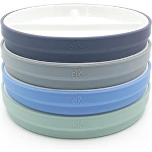 Elk and Friends Kids 6.7 Porcelain Divided Plates with Silicone Sleeves | Suitable for Babies/Kids/Toddlers | Microwave & Dishwasher Safe | Non Slip | Snack Dishes