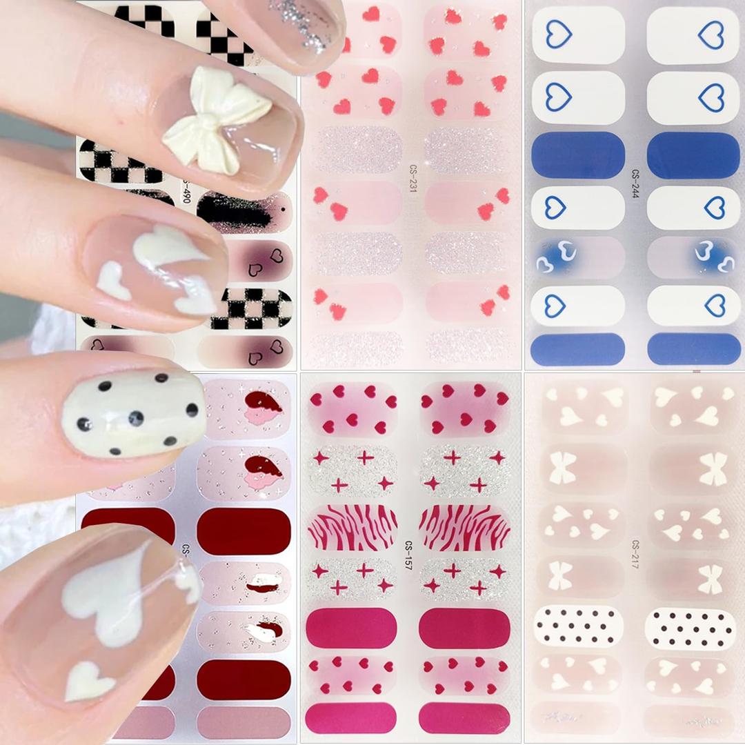 6 Sheets Valentines Day Gel Nail Stickers Valentines Nail Wraps Stickers Multicolour Heart Nail Polish Strips Valentine's Day Nail Stickers Glitter Full Wrap Gel Nail Strips for DIY Nail Designs