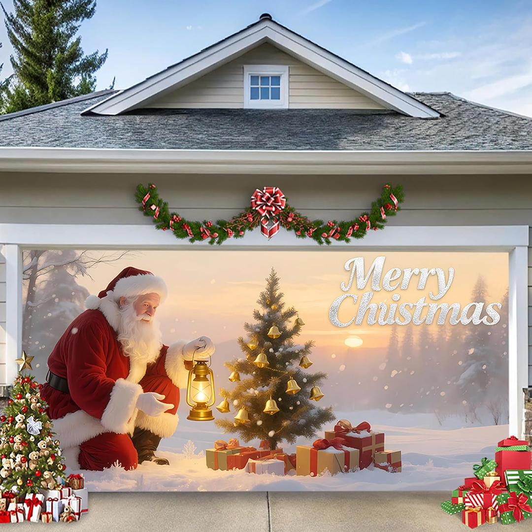 TTCHANG Christmas Garage Door Banner  Santa Claus, Xmas Tree & Gift Boxes, Large Waterproof Reusable Outdoor Holiday Cover for Home, Yard, Party & Photo Backdrop,16 x 7ft/4.8 x 2.1m