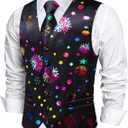 DiBanGu Mens Christmas Suit Vest and Tie Set Fun Snowflake Holiday Party Waistcoat Necktie Pocket Square Cufflinks S-3XL