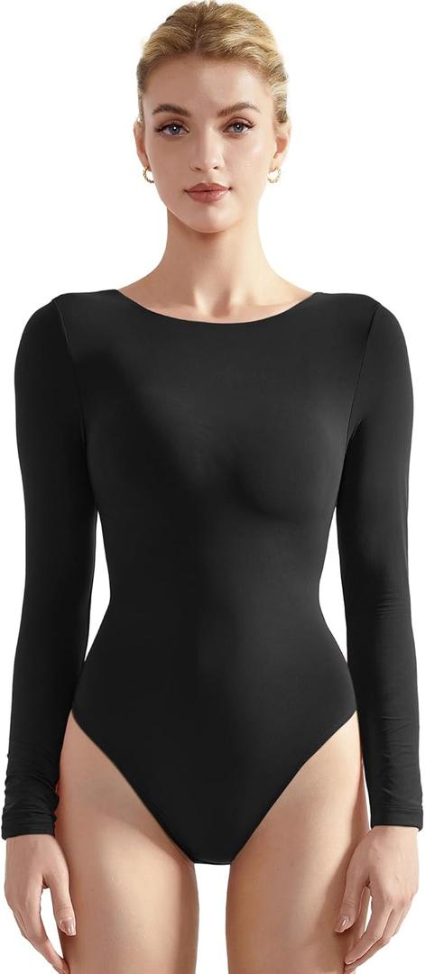 SUUKSESS Women Crew Neck Long Sleeve Bodysuit Sexy Thong Bodysuit Shirts (Black, S)