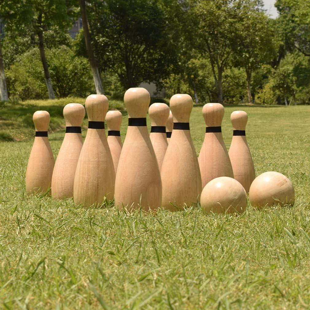 NI-ROU Outdoor Giant Lawn Bowling Games Rubber Wooden Lawn Set Fun Sports Games Outside or Indoor for Family Adults and Kids Backyard Skittles Carrying Bag with 8 Pins and 2 Balls (Large Type)