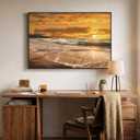 Framed Coastal Gold Sunset Beach Wall Art for Living Room, 24x36 In