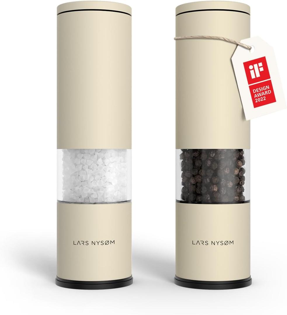 LARS NYSM Salt and Pepper Grinder Set 2 pieces I Salt Pepper Mill with Adjustable Ceramic Grinder I Design Spice Grinder Set Manual (Almond Beige)