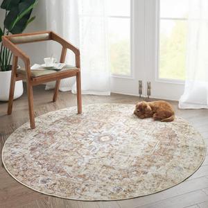 jinchan Round Rug 4ft Washable Area Rug Indoor Vintage Floor Cover Distressed Circle Mat 4' Round Lightweight Non Slip Low Pile Thin Carpet for Entryway Kitchen Living Room Bedroom Brick Red