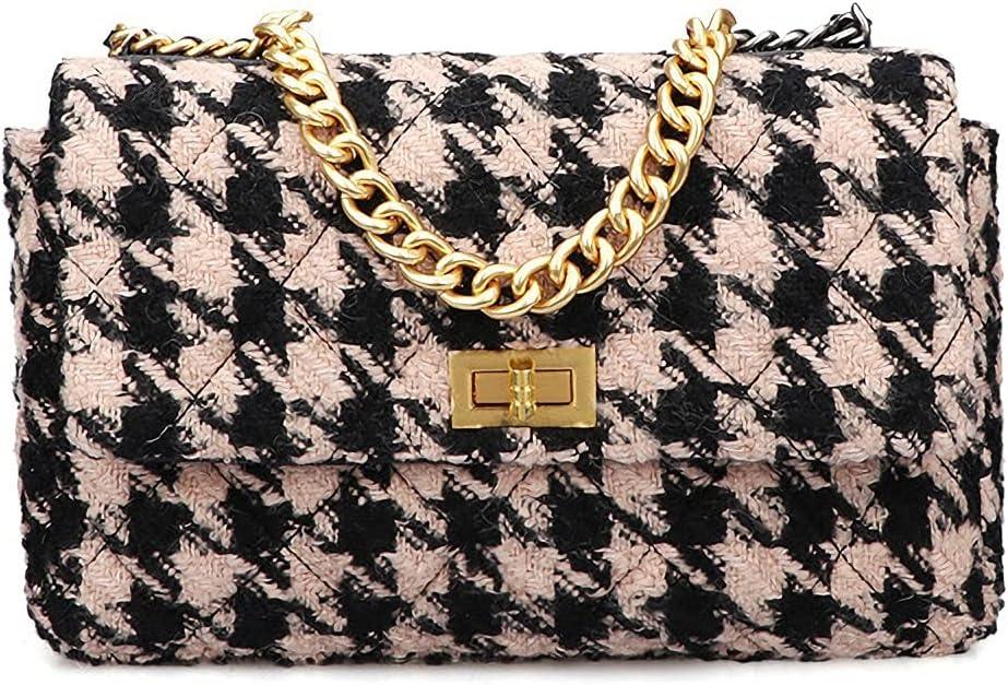 BERTY·PUYI PU Leather Houndstooth Ladies Shoulder Bag Autumn And Winter Fashion Woolen Cloth Crossbody Bag Chain crossbody handbag, Brown and black