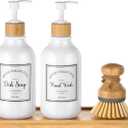 4 Pieces Kitchen Soap Dispenser Set 16 oz Dish Soap Dispenser with Bamboo Pump Soap Tray and Dish Brush Bathroom Soap Dispenser Set with Waterproof Labels for Hand Soap Dish Lotion (White)