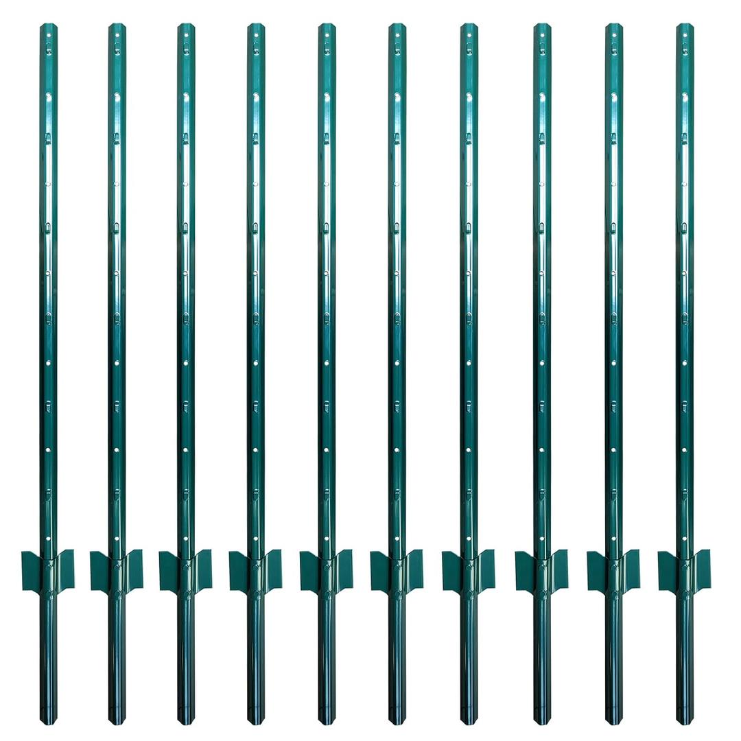 ARIFARO Fence Posts 4 Feet Sturdy Duty Metal Fence Post, Pack of 10, No Dig Garden U Post for Wire Fencing Steel Post for Yard, Outdoor Wire (Green 10 PCS)