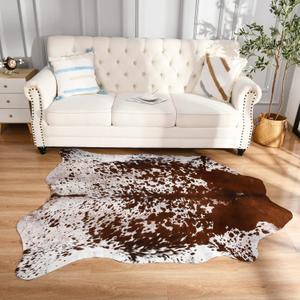 Easycozy Faux Cowhide Large Cow Print Rug - 6.3 x 7 Feet, Thickened Elastic for Bedroom, Living Room, Home Office, Western Decor (Brown)