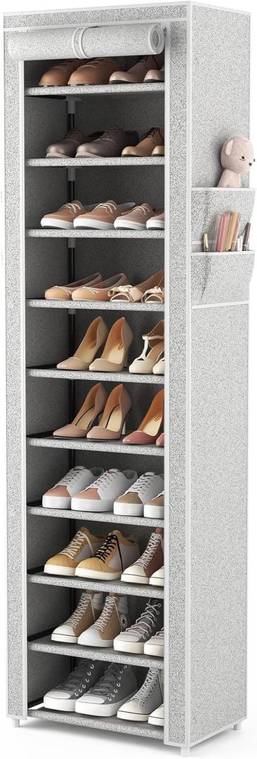VTRIN Vertical Narrow Shoe Rack Organizer Tall Shoe Rack for Closet Entryway 10 Tier Non-Woven Cover Shoe Shelf Holds 20-22 Pairs Free Standing Shoe Storage Cabinet with Dustproof Cover, Multi Color (Light Grey)