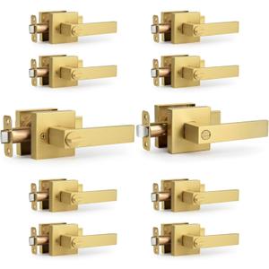 Brushed Gold 10 Pack Wholesale Heavy Duty Privacy Door Lever with Lock, Square Design Interior Door Lever No Key, Reversible Handle for Bedroom and Bathroom Door Lock, Satin Brass