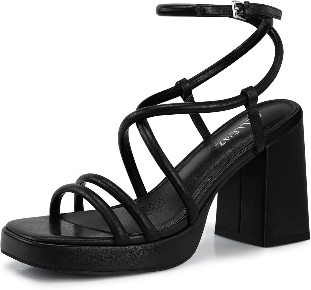 CELLENZ Women Chunky Platform Heels: 3.9 Inch High Heel Prom, Wedding, Party, Square Open Toe Heeled Sandals, Strappy Comfortable Sexy Dressy Heels (8, Black)